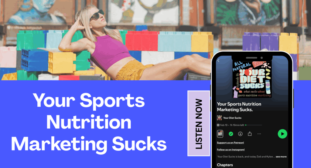 Promotional graphic for the “Your Diet Sucks” podcast episode titled “Your Sports Nutrition Marketing Sucks,” highlighting issues with diet culture buzzwords.