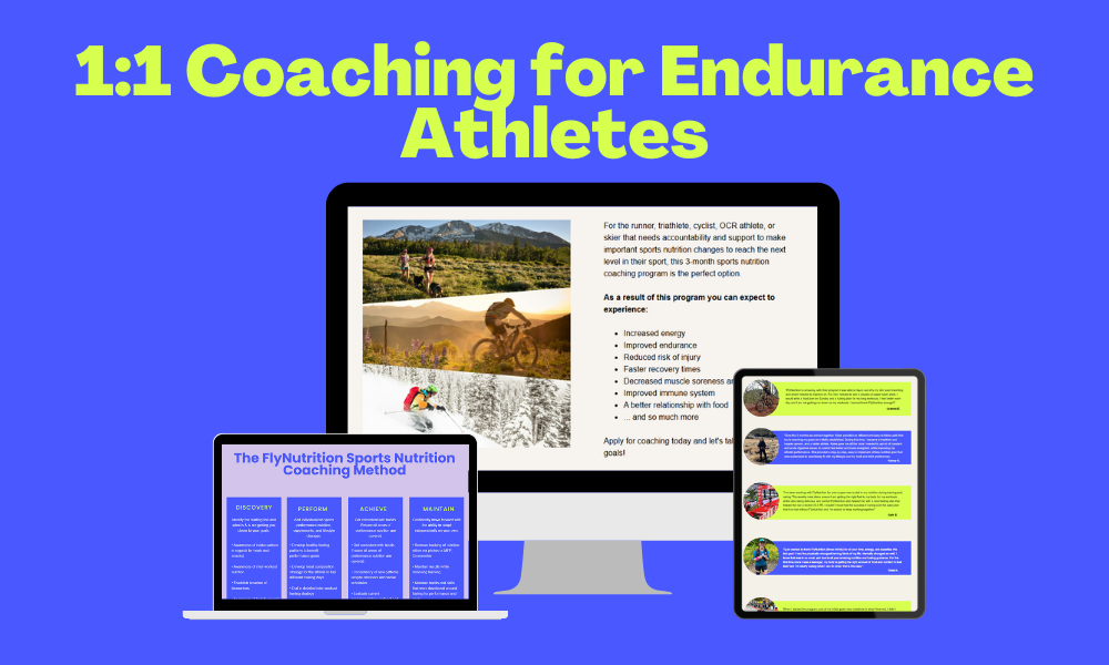 Graphic promoting 1:1 coaching for endurance athletes, featuring a computer, tablet, and laptop with program details and images of female athletes running, cycling, and skiing. Highlights how personalized sports nutrition coaching supports recovery nutrition, prevents training fatigue, and addresses female overtraining symptoms, especially for athletes who may be cutting out carbs.